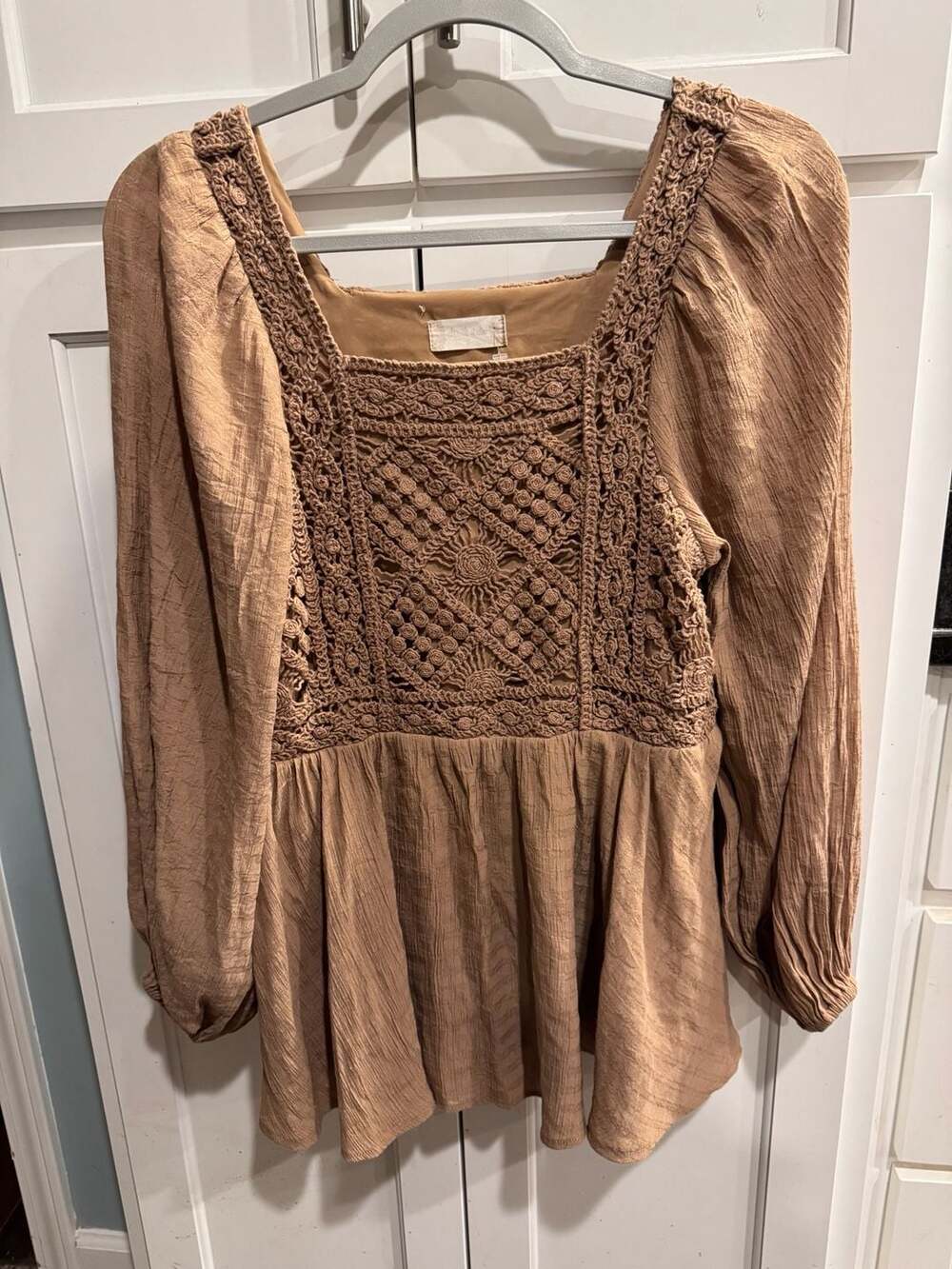Altar'd State Brown Crochet Square Neck Peplum Blouse with Balloon Sleeves